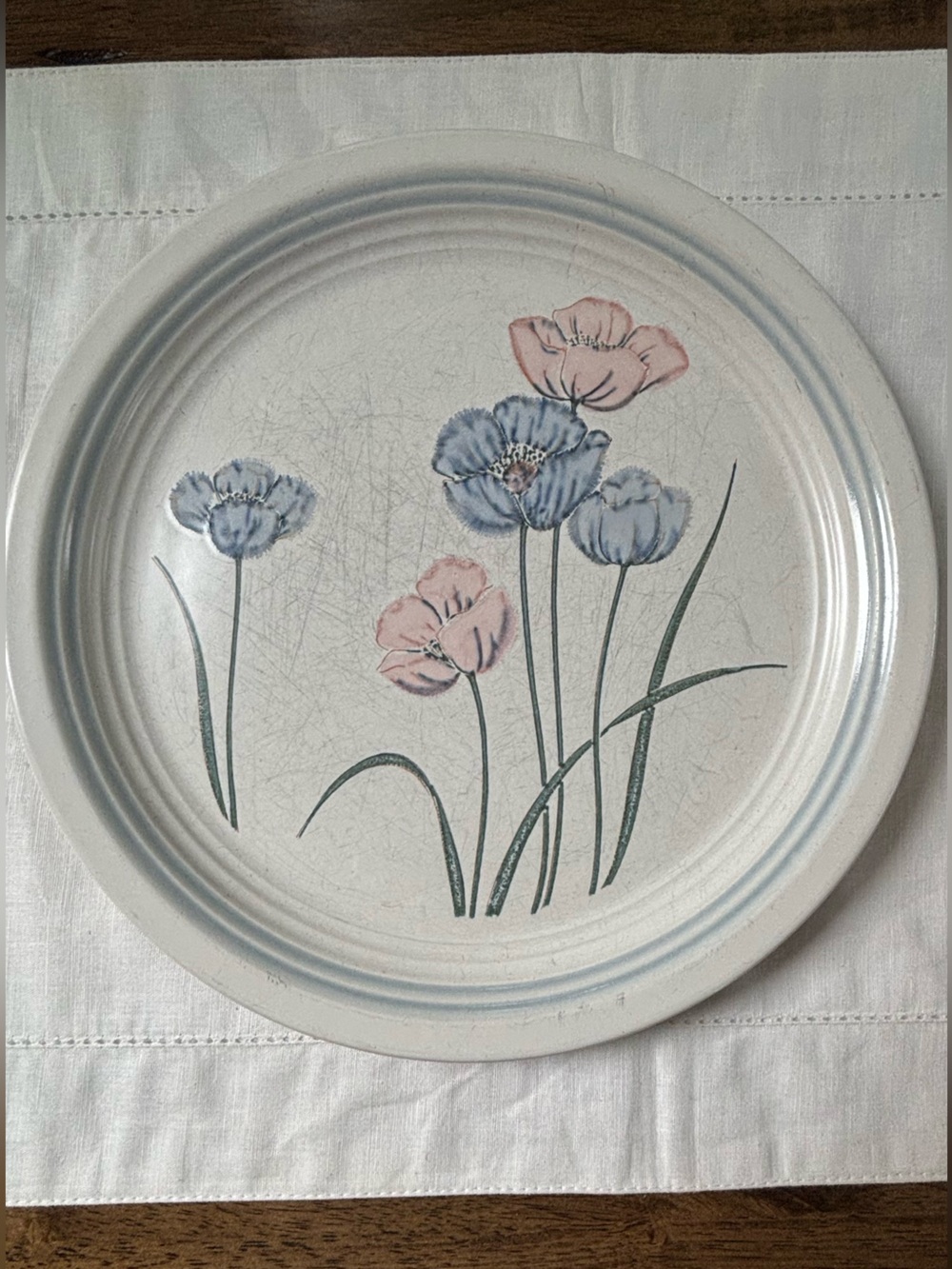 Vintage Hand-Painted Floral Ceramic Plate in Blue and Pink Poppies -Japan